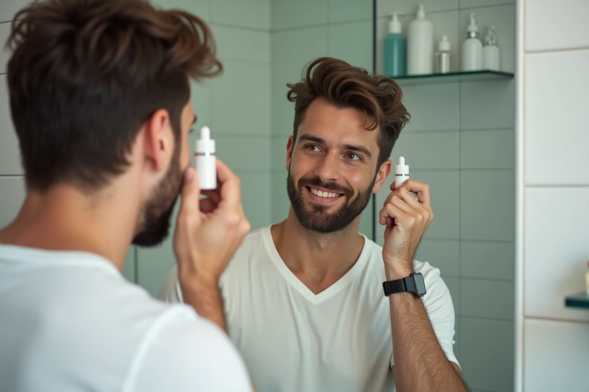Homme examinant ses cheveux dans un miroir de salle de bain
