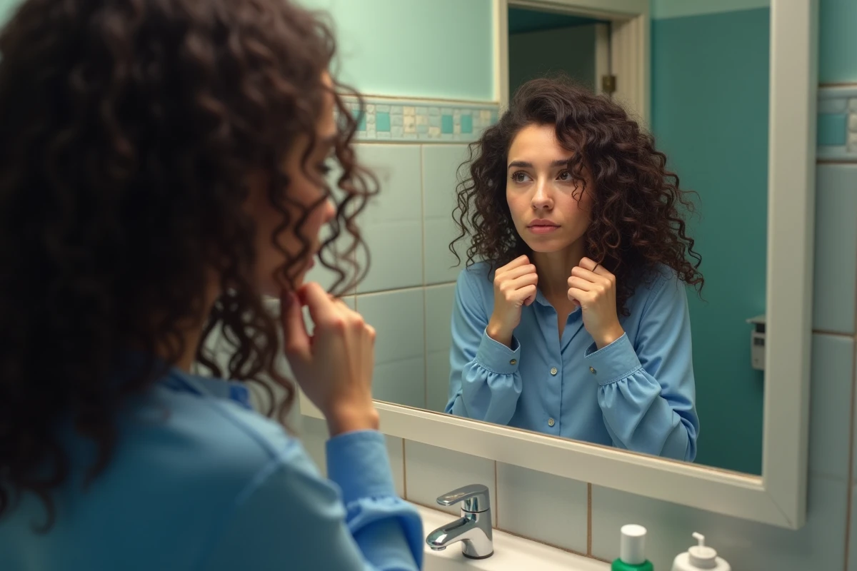 Jeune femme regardant ses cheveux dans le miroir