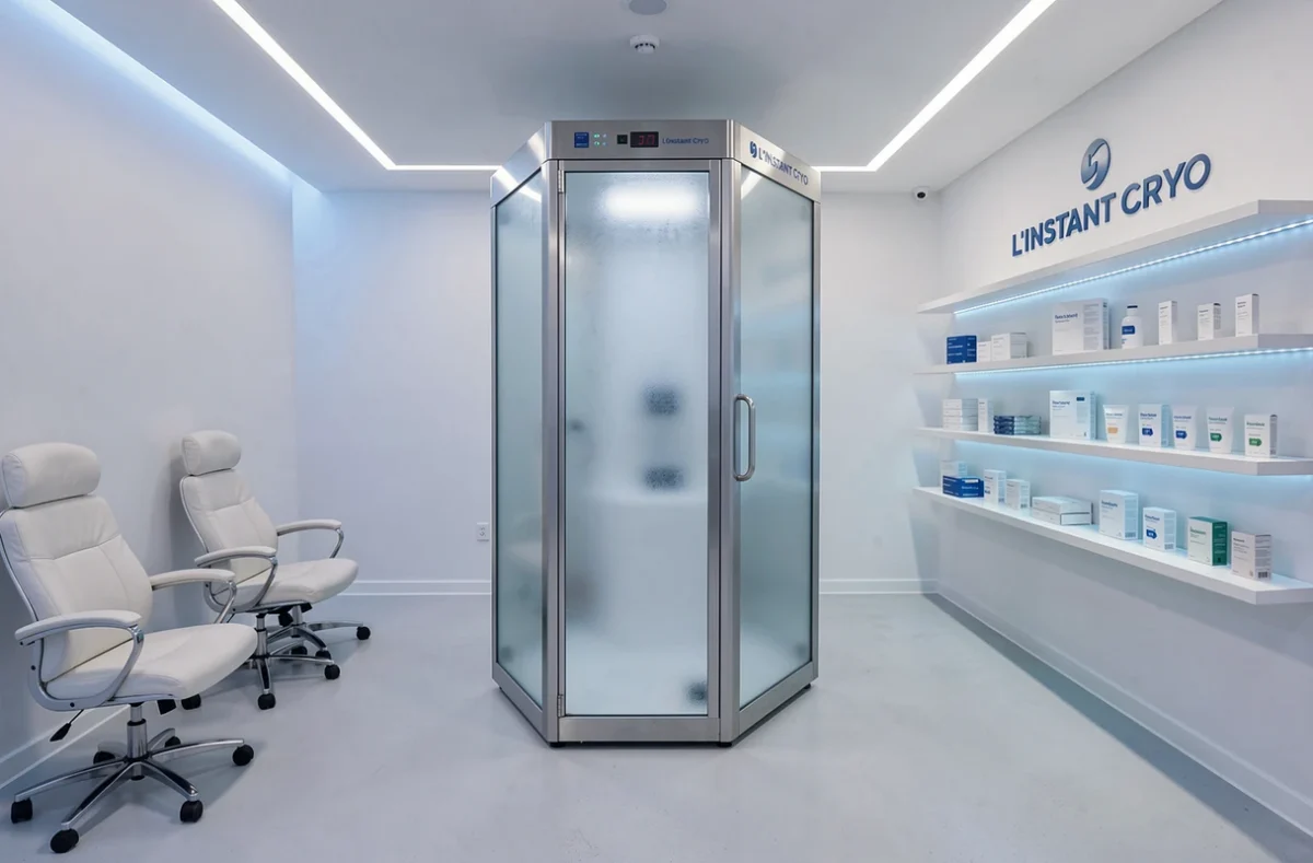 Cabine de cryothérapie de L'instant Cryo à Marseille avec équipement médical et décor blanc minimaliste