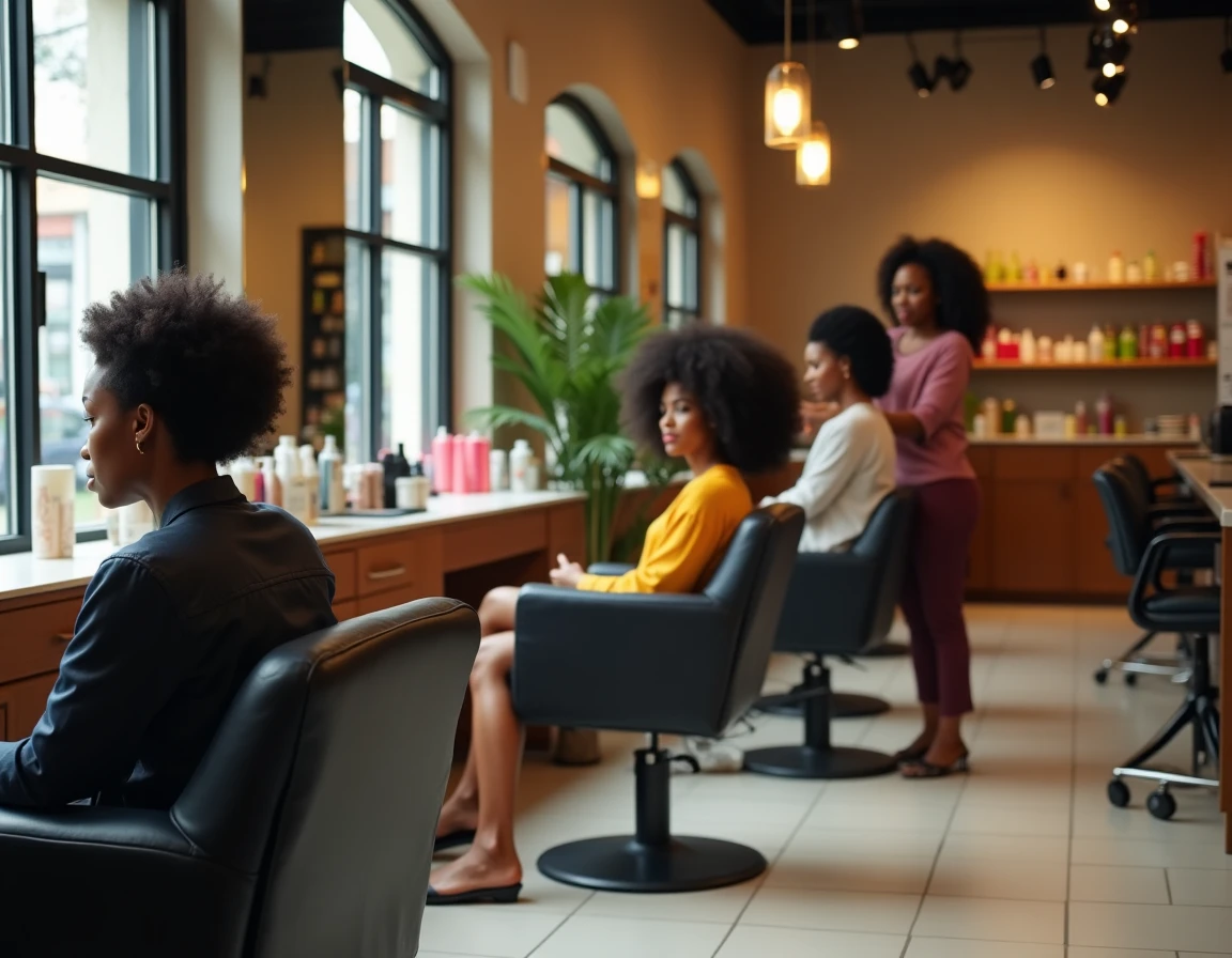 Intérieur animé d'un salon de coiffure afro avec plusieurs clientes coiffées le dimanche