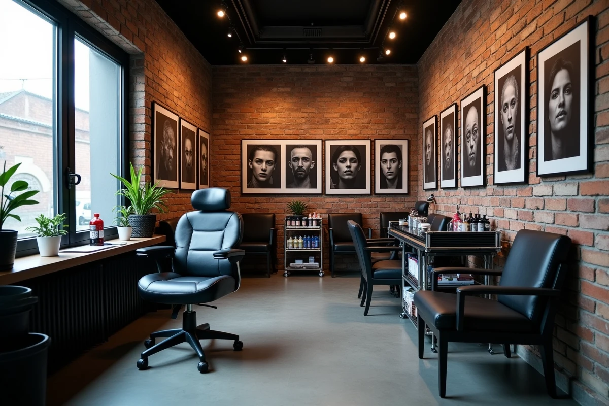 Intérieur d'un salon de tatouage spécialisé portraits réalistes à Toulouse avec matériel professionnel et décorations artistiques