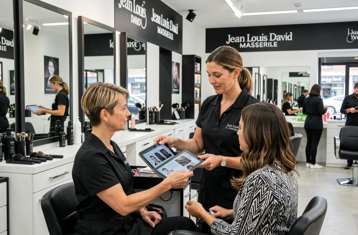 Coiffeuse de Jean Louis David à Marseille en consultation avec une cliente dans un salon professionnel contemporain et bien organisé