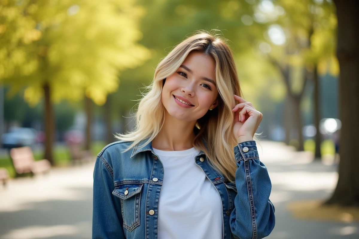 Jeune femme regardant ses cheveux dans un parc ensoleille