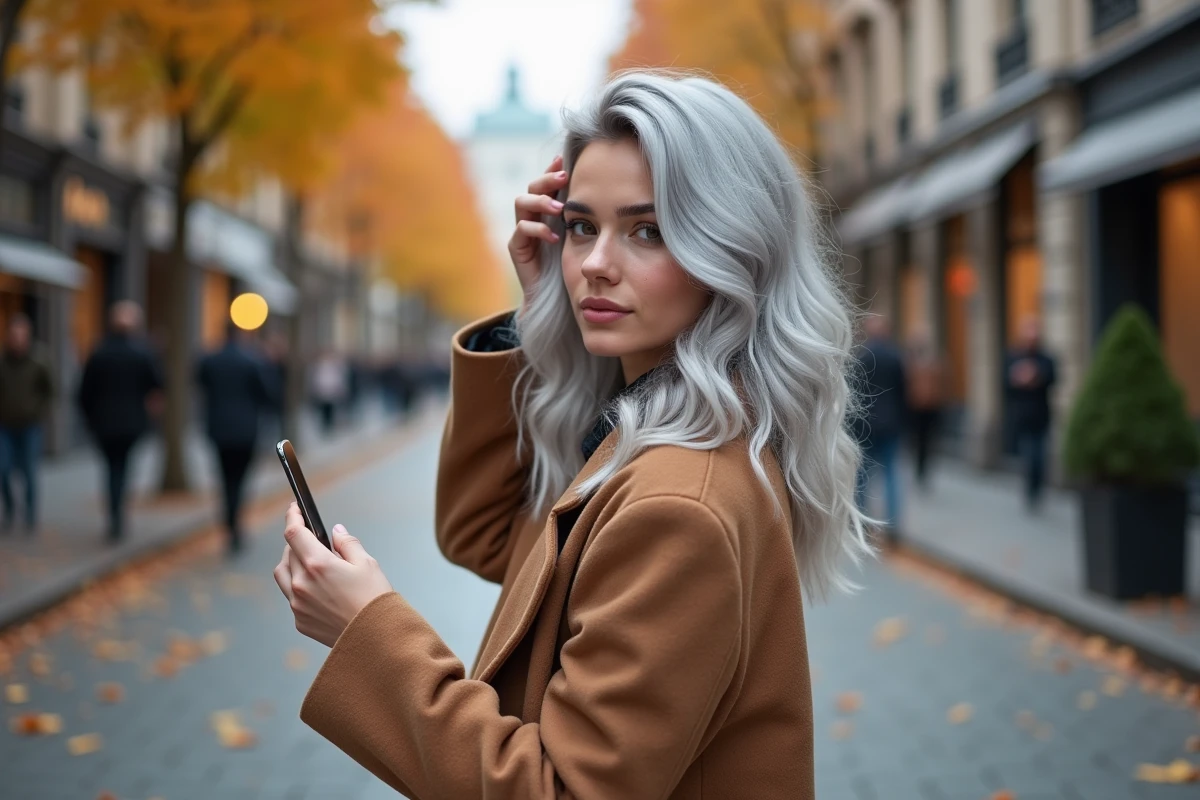 Jeune femme aux cheveux blancs ondulés inspectant ses racines en rue avec un miroir à main, en automne