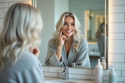 Jeune femme aux cheveux blancs naturels examinant ses racines devant un miroir de salle de bain moderne