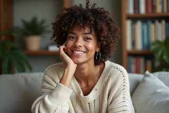 Femme aux cheveux crépus courts et shaggy dans un intérieur cosy