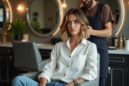Jeune femme regardant son dégradé en salon de coiffure