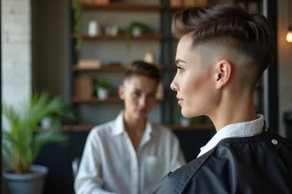 Jeune femme avec coupe undercut moderne dans salon chic