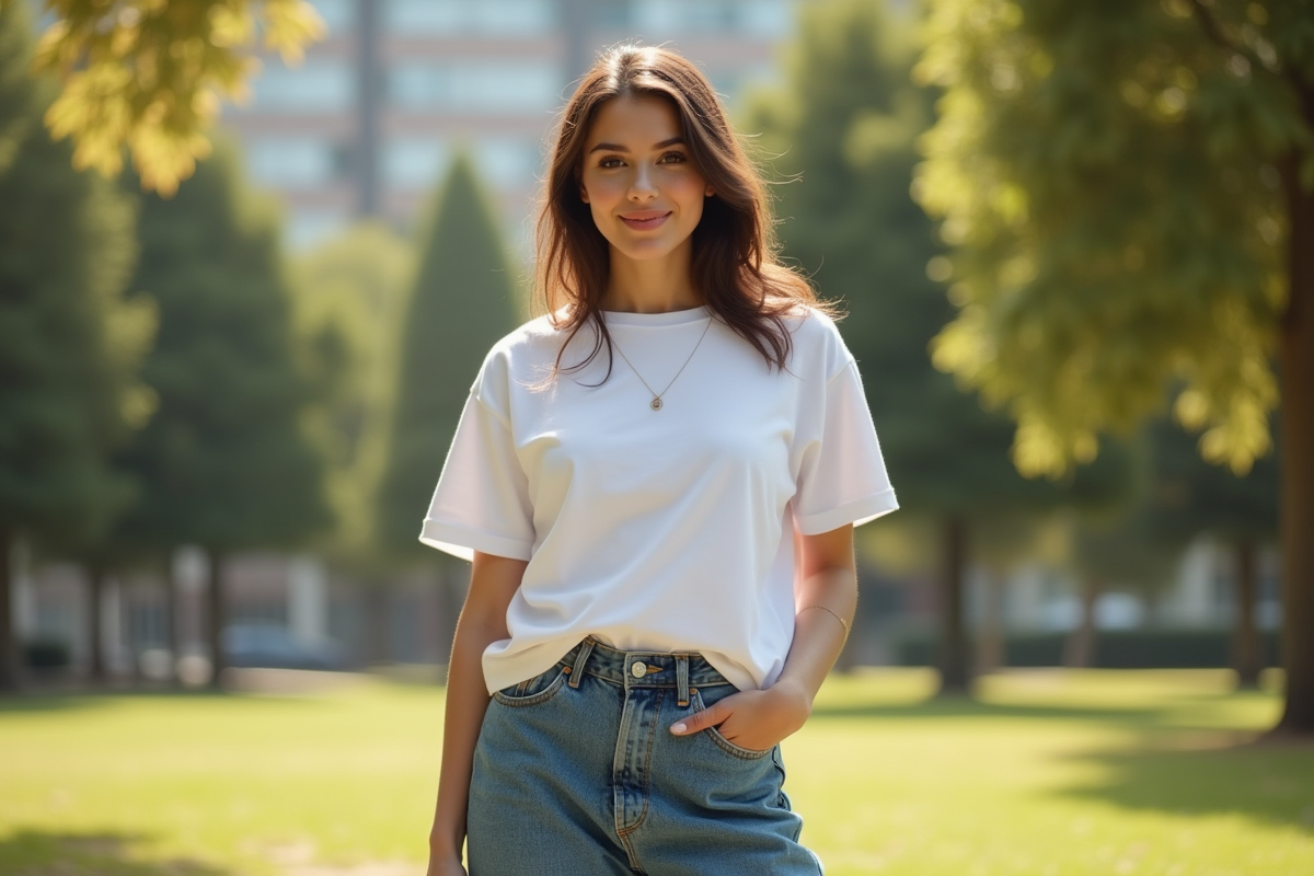 Jeune femme confiante en t-shirt oversize et jeans dans un parc urbain