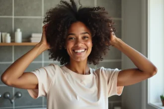 Jeune femme appliquant une crème pour boucles dans un miroir