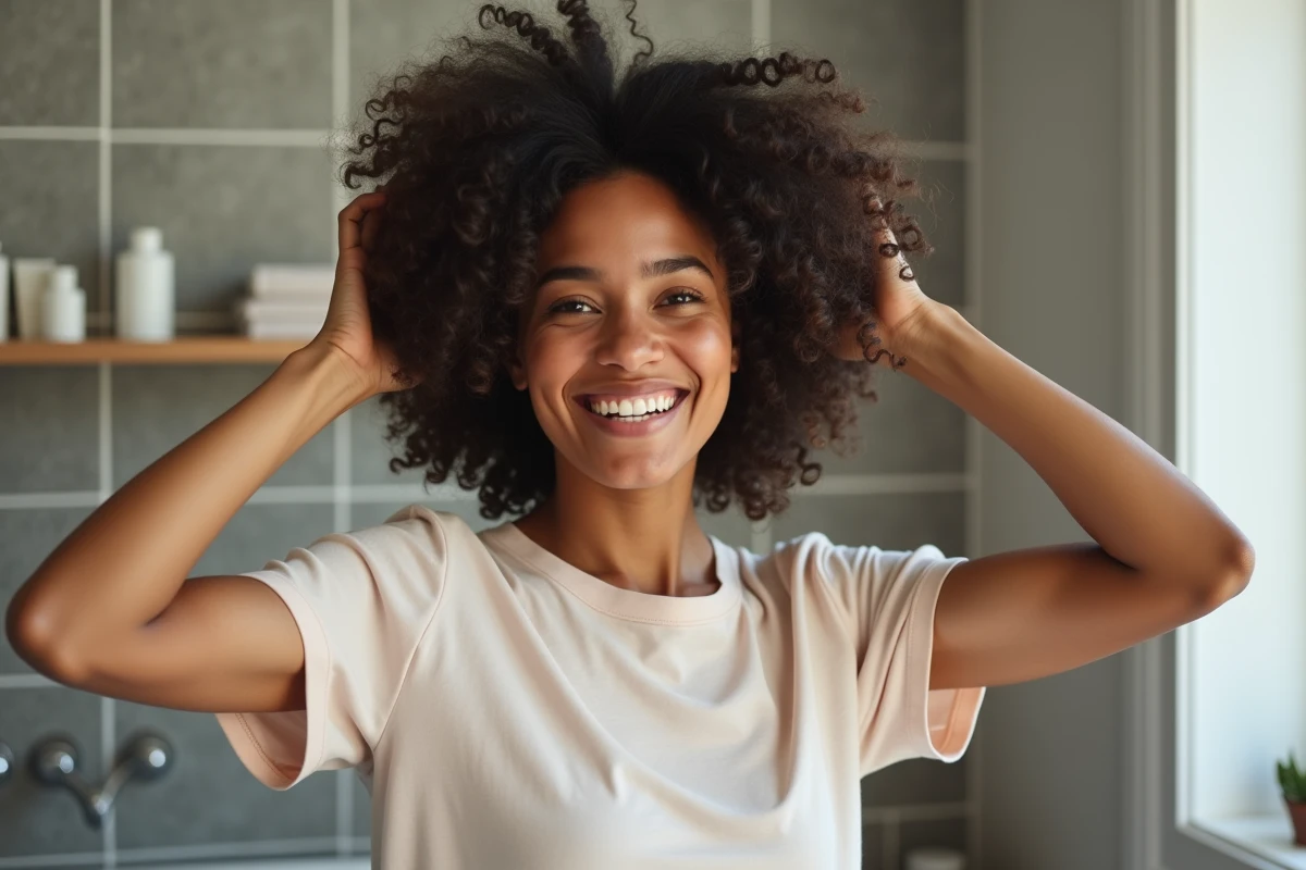 Jeune femme appliquant une crème pour boucles dans un miroir