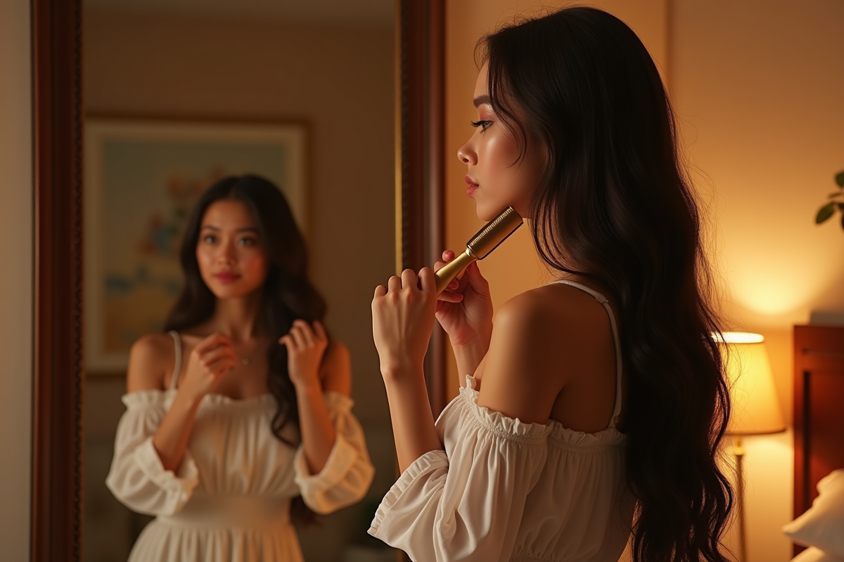 Jeune femme se coiffant devant un miroir dans une chambre chaleureuse