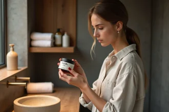 Jeune femme examine un pot de cire capillaire naturelle