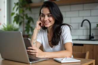 Jeune femme souriante avec tatouage constellation dans une cuisine