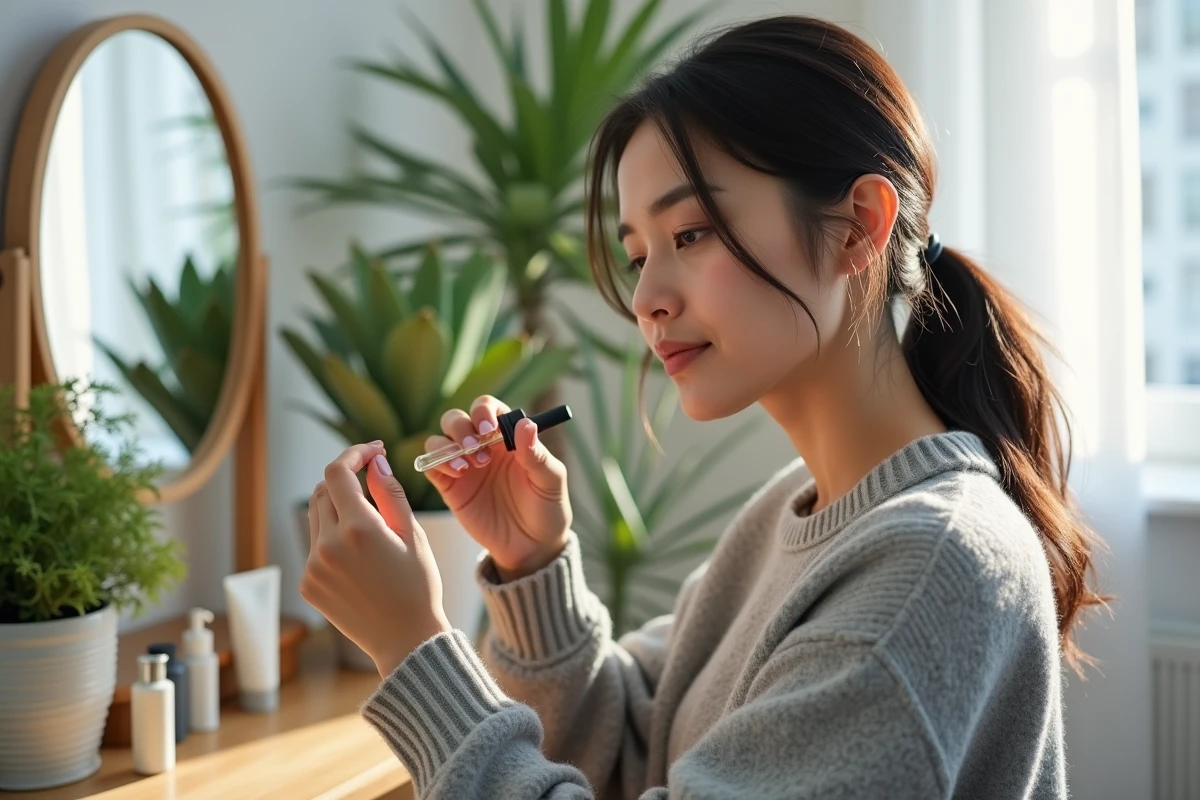 Femme appliquant un serum capillaire dans un cadre cosy