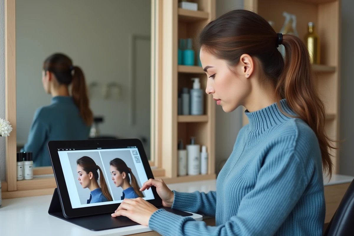 Jeune femme examinant une application de coiffure virtuelle