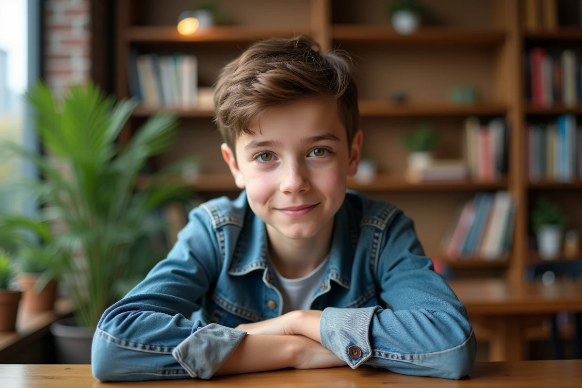 Jeune garçon assis dans un café avec livres et plantes