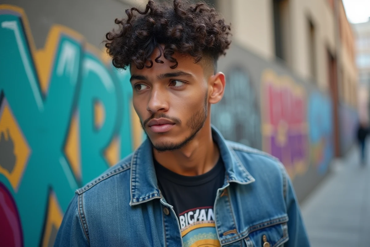 Homme aux cheveux crépus courts et shaggy en extérieur urbain