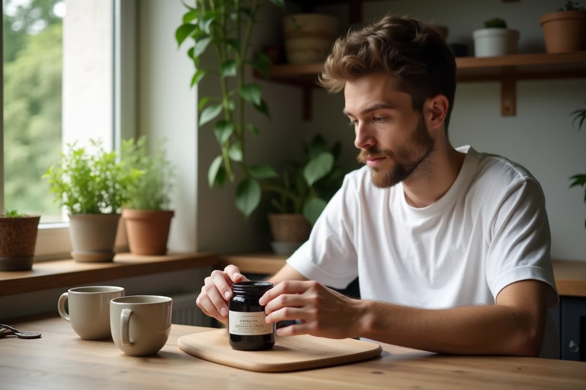 Jeune homme regardant un pot de savon noir à la cuisine
