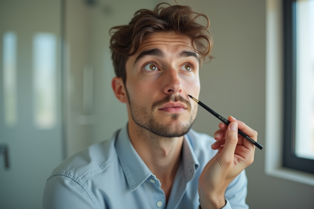 Jeune homme appliquant un eyeliner dans une salle de bain moderne
