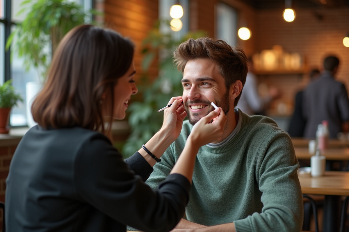 Jeune homme souriant recevant maquillage en café urbain