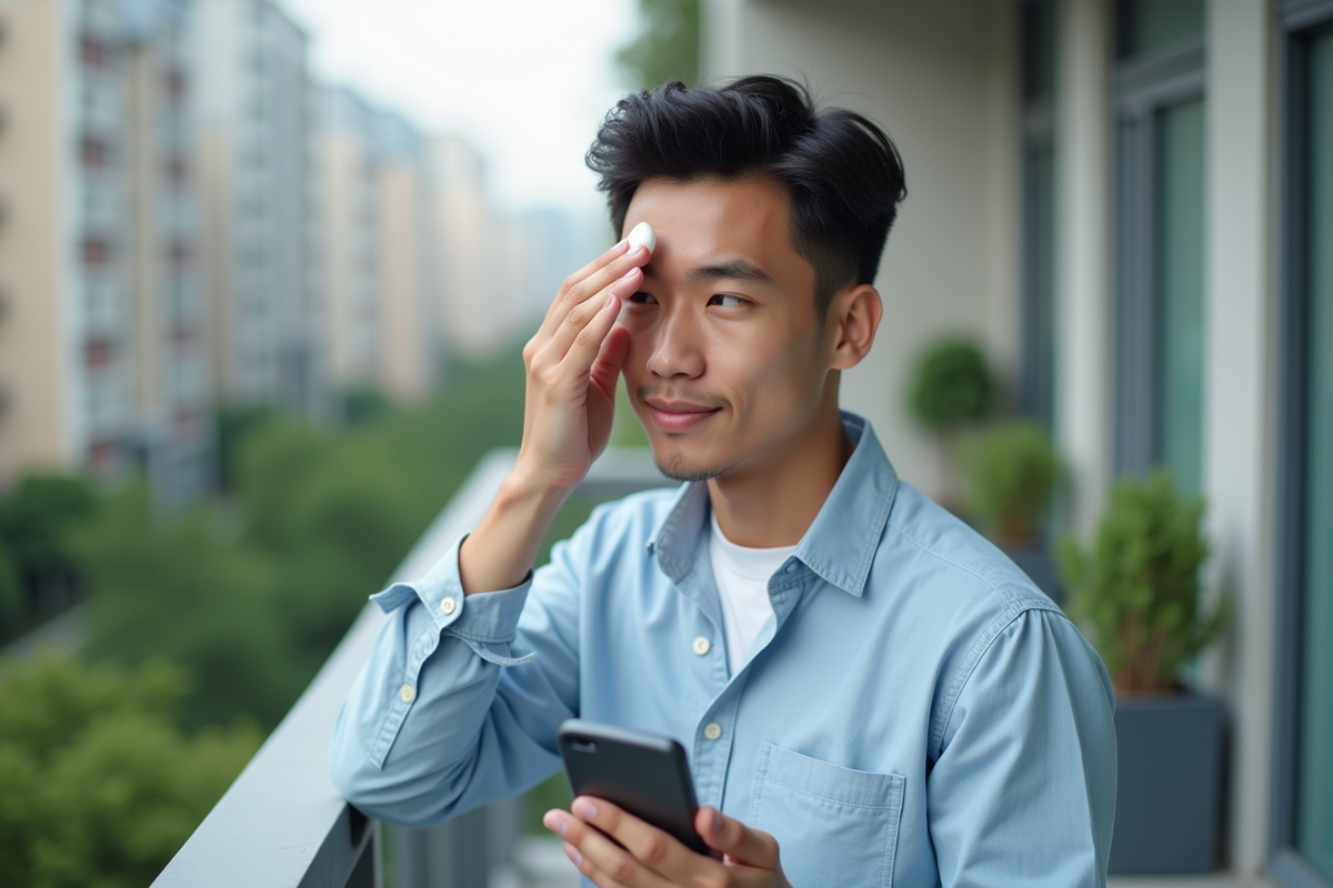 Jeune homme appliquant de la poudre en extérieur