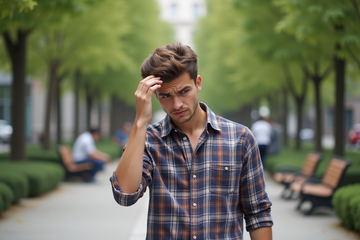 Jeune homme dans un parc touchant ses cheveux courts