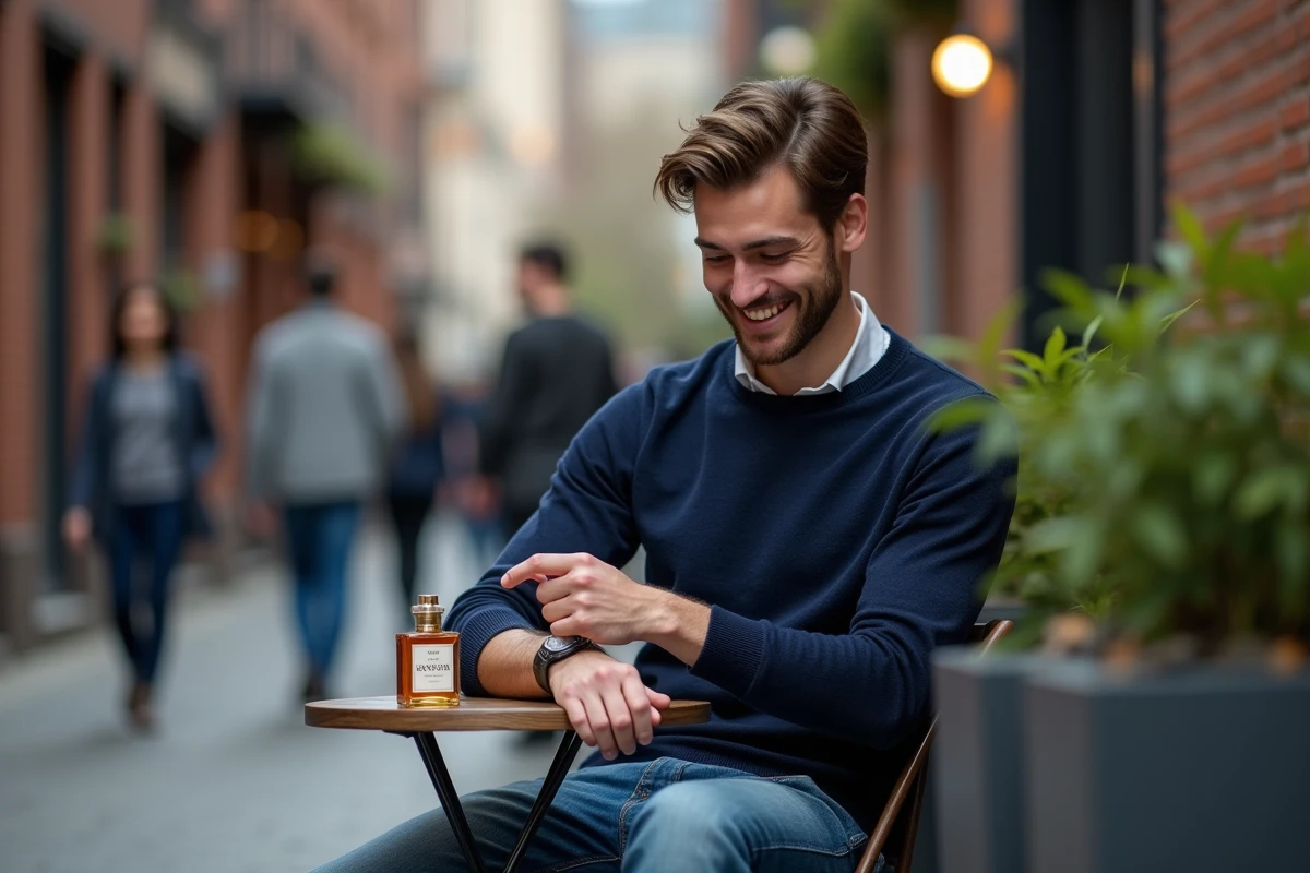 Jeune homme teste un parfum en extérieur
