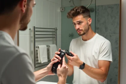 Jeune homme se coupe les cheveux dans sa salle de bain