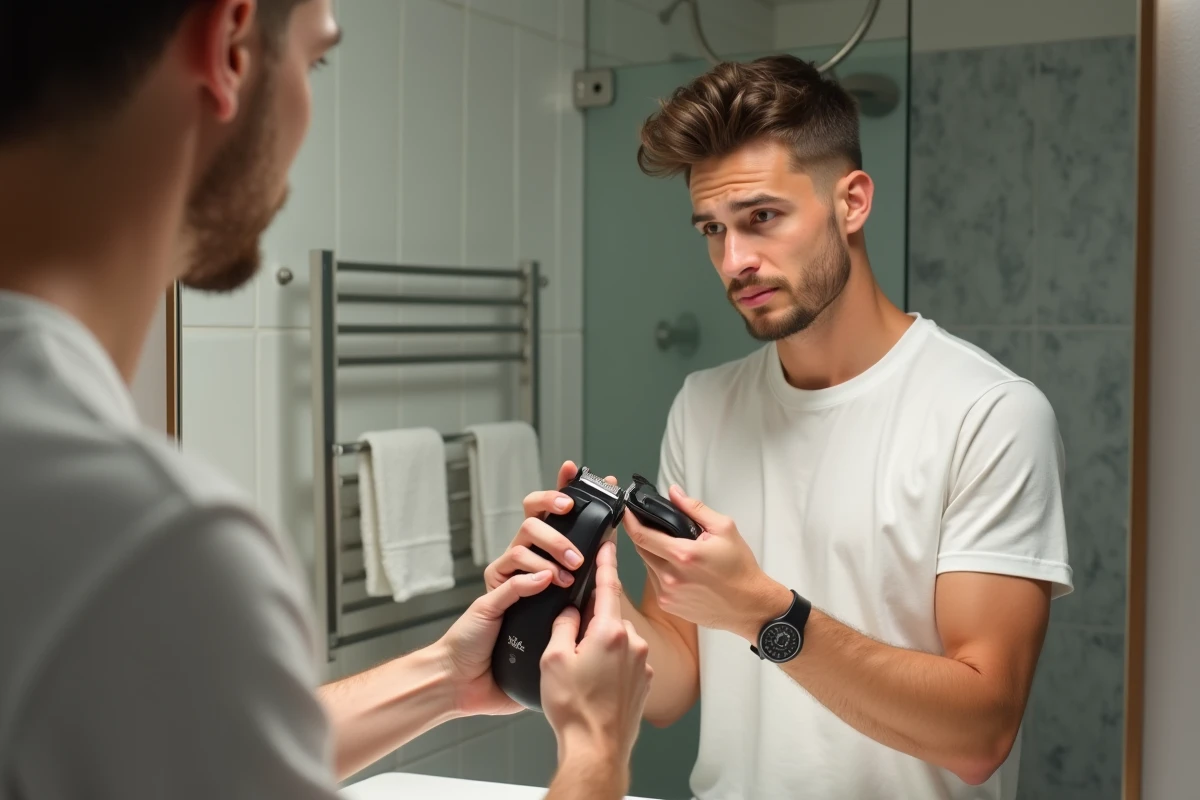 Jeune homme se coupe les cheveux dans sa salle de bain