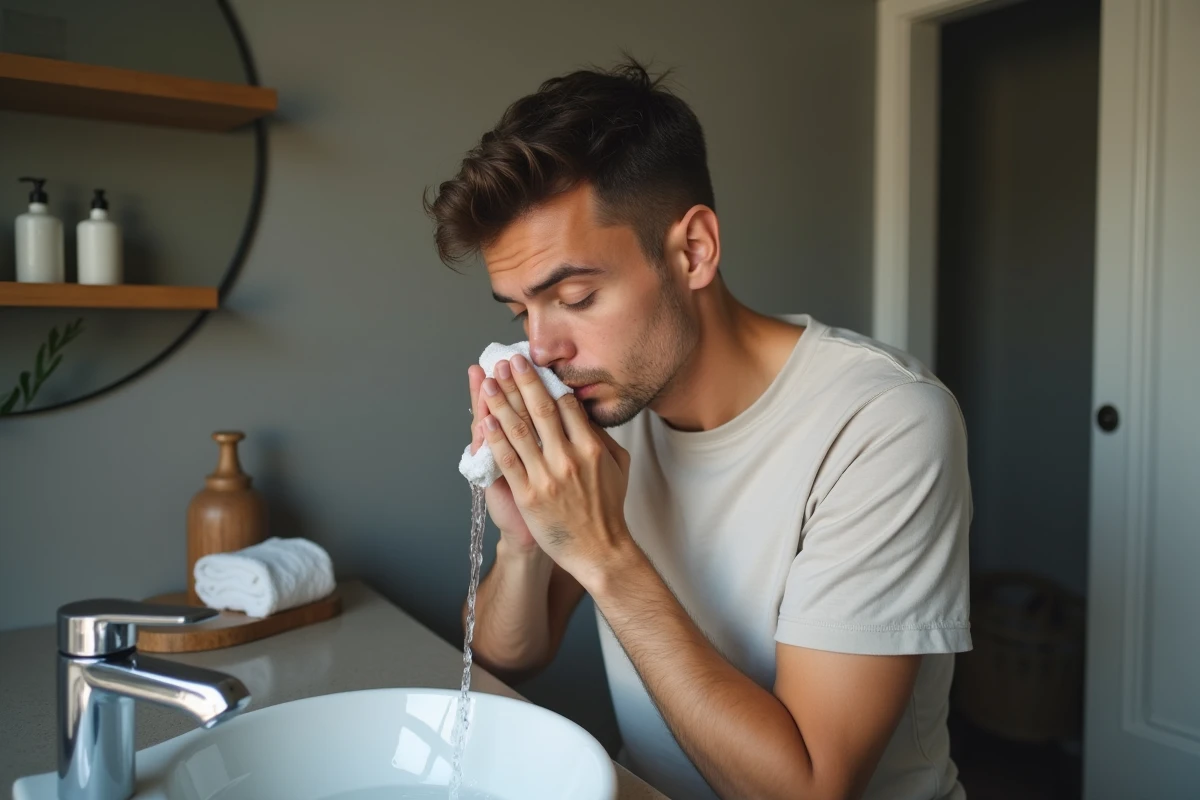Jeune homme rinçant savon noir dans un lavabo blanc dans une salle de bain minimaliste