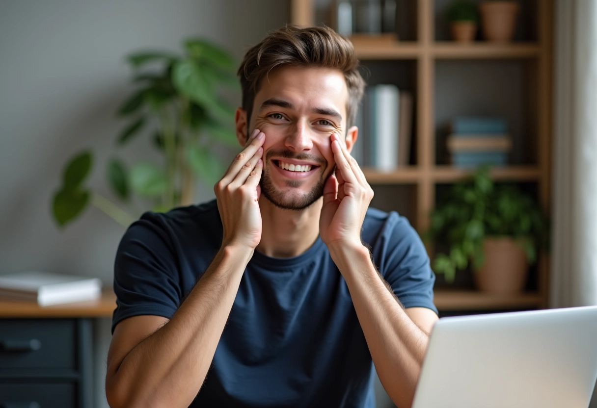 Jeune homme appliquant un serum dans son bureau à domicile