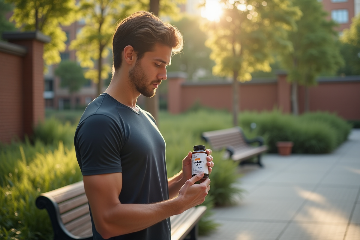 Jeune homme lisant une bouteille de vitamine A en extérieur