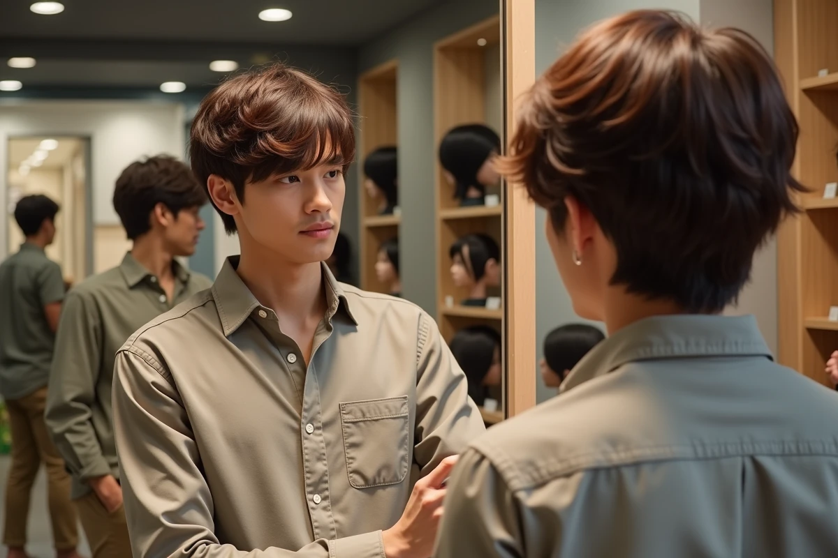 Jeune homme examinant une perruque Kristia devant un miroir