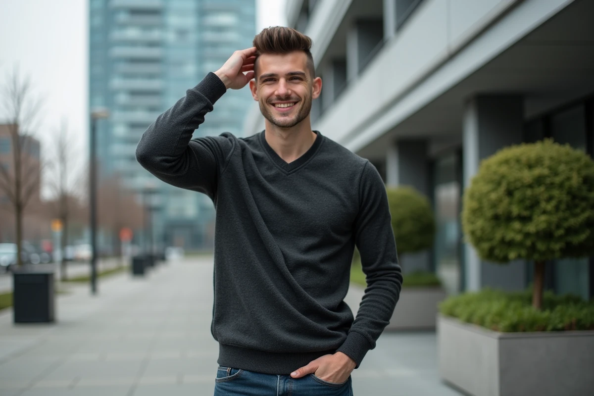 Jeune homme avec fade en extérieur devant bâtiment moderne