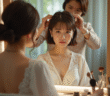 Jeune mariée frustrée devant un miroir de maquillage avec stylistes