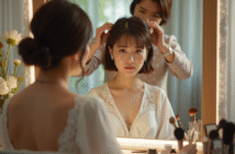Jeune mariée frustrée devant un miroir de maquillage avec stylistes