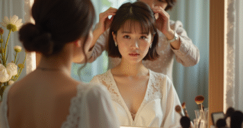 Jeune mariée frustrée devant un miroir de maquillage avec stylistes
