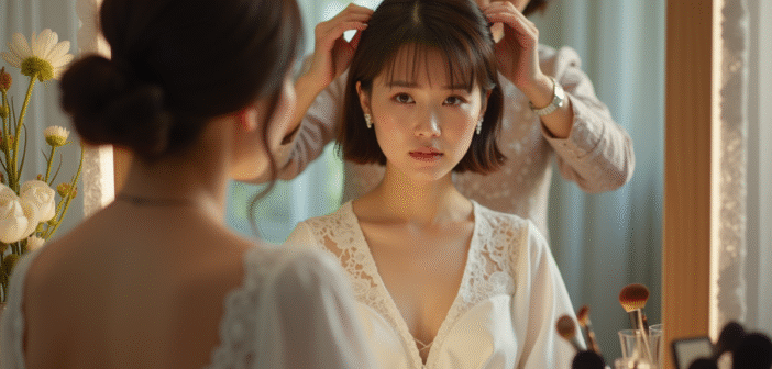Jeune mariée frustrée devant un miroir de maquillage avec stylistes