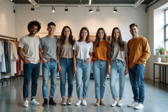 Groupe de jeunes adultes dans un studio moderne et lumineux
