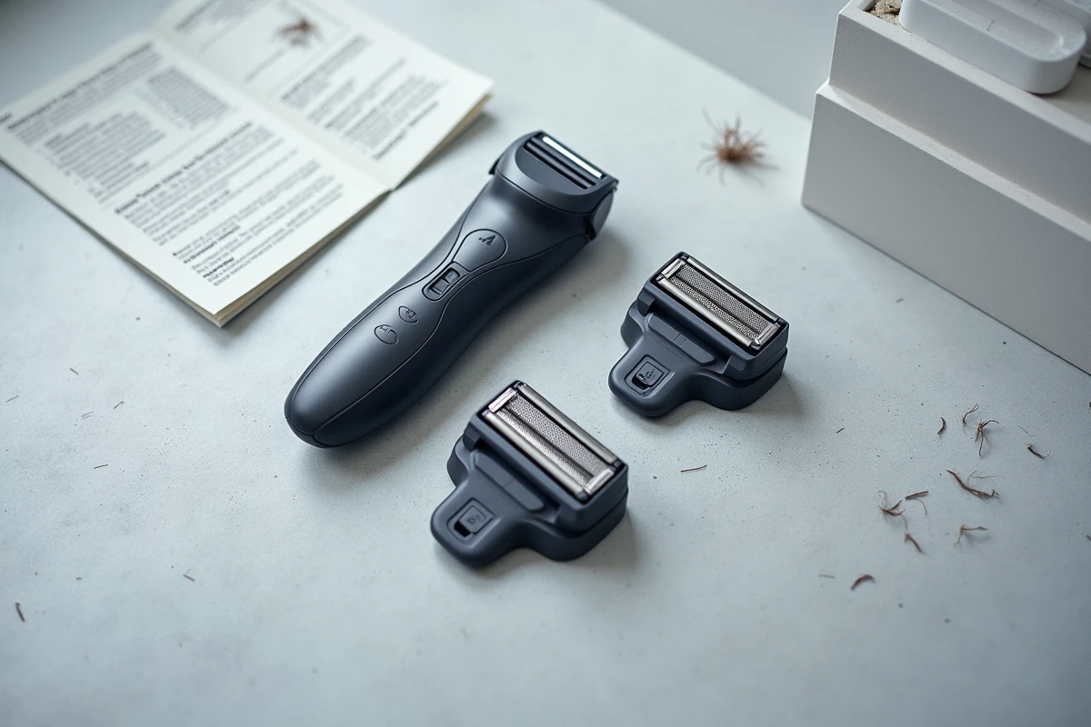Vue à plat d'un rasoir Philips OneBlade avec plusieurs lames de rechange et un guide de compatibilité sur un plan de travail en béton