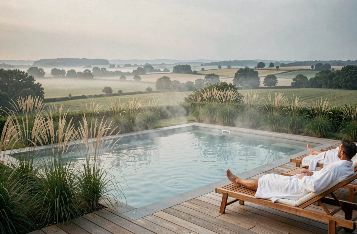 Terrasse extérieure avec piscine chauffée et vue sur la campagne bourguignonne au Dracy Hôtel & Spa à Dracy-le-Fort