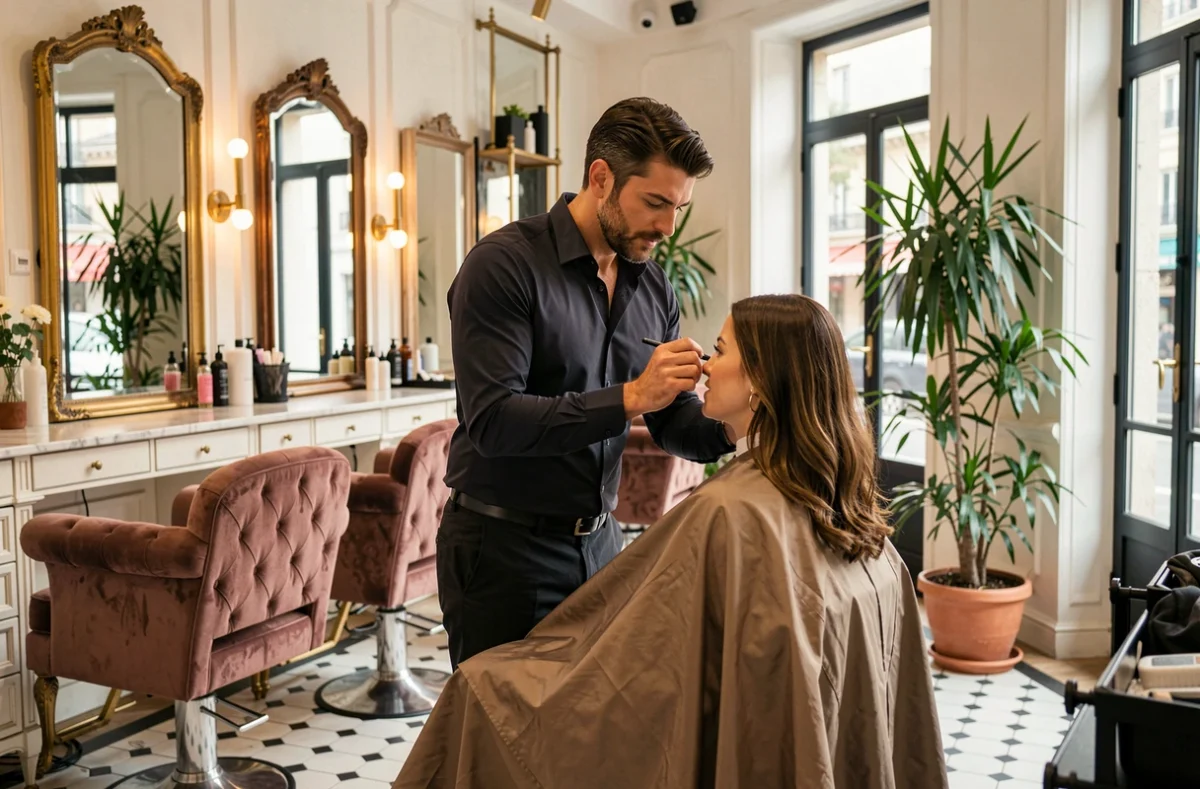 Styliste de L'Endroit Paris-Marseille appliquant une coloration sur une cliente dans un salon au décor parisien raffiné