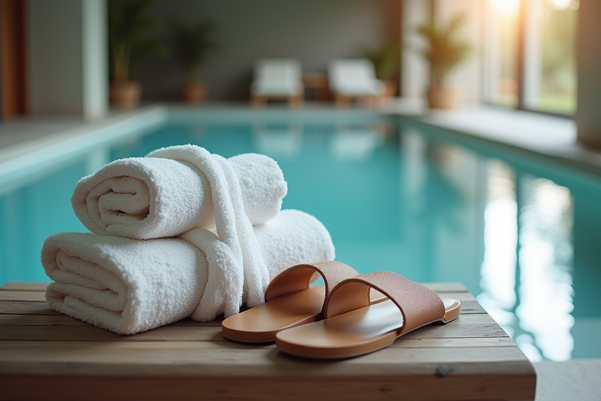 Linge de spa plié avec peignoir et sandales près de la piscine