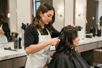 Coiffeuse appliquant un lissage brésilien sur les cheveux ondulés d'une cliente dans un salon moderne