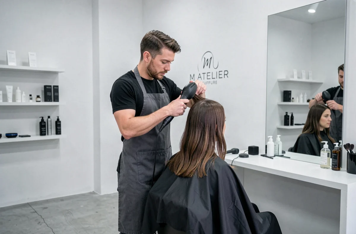 Coiffeur de M Atelier Coiffure à Marseille réalisant un brushing dans un espace de coiffure moderne aux lignes épurées