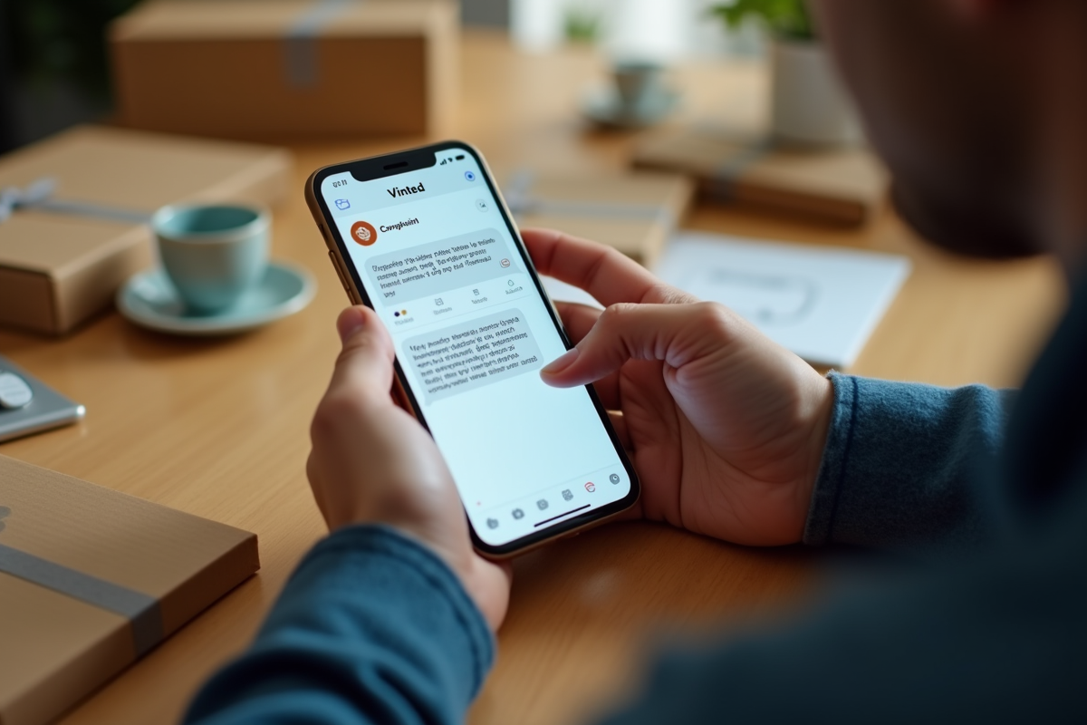 Mains tapant une plainte sur smartphone avec application Vinted visible