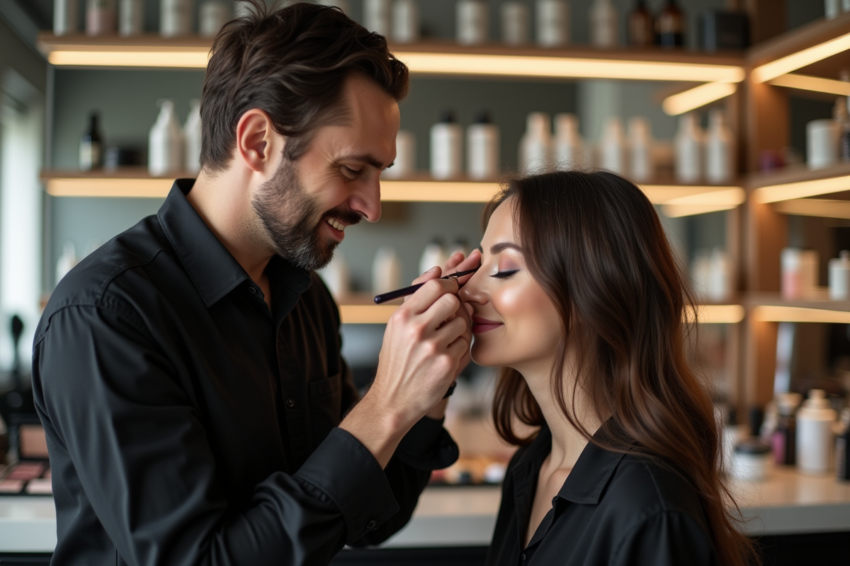 Artiste maquilleur en action avec une modèle dans un studio moderne