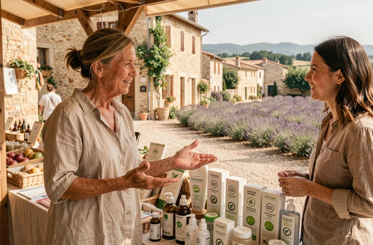 Stand de marché provençal avec produits cosmétiques bio certifiés et conversation entre vendeuse et cliente