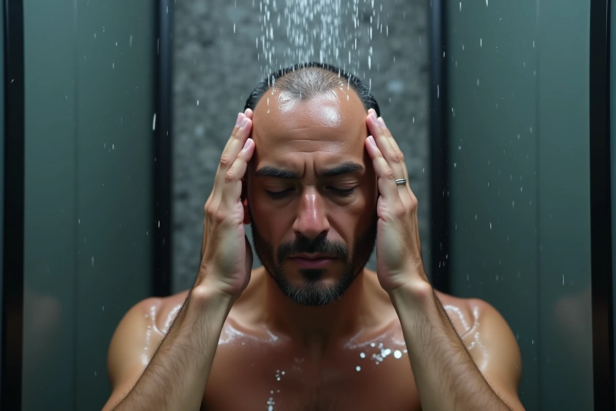 Homme massant son cuir chevelu avec les doigts sous la douche en mouvement circulaire